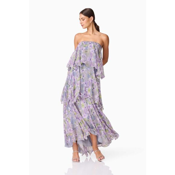 Elliatt Milena Strapless Maxi Dress Purple Floral Wedding Guest Size L  NWT - Picture 3 of 6